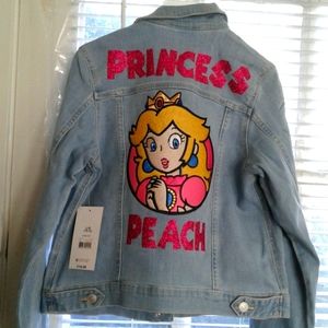 Jordache Jean jacket with embroidery Princess peach from super Mario bro.